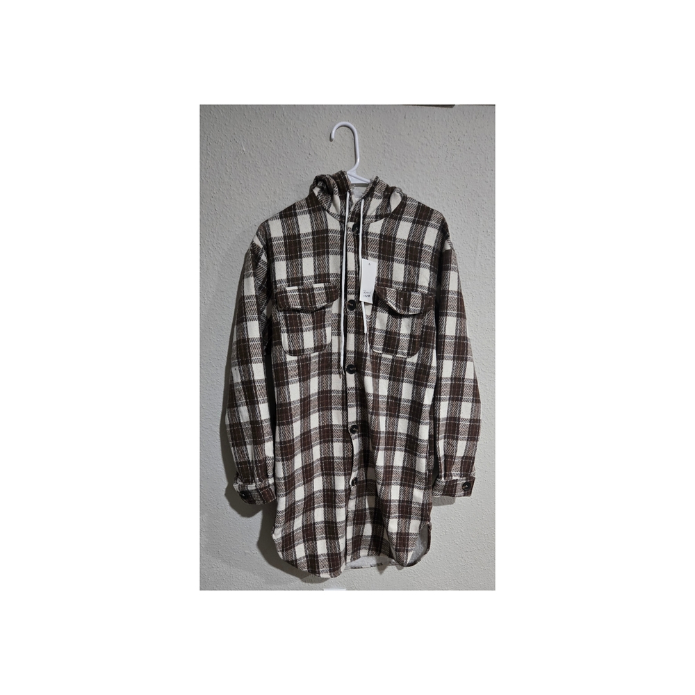 Brown and white plaid fleece-lined hooded shirt jacket, size S/M - Picture 2 of 6